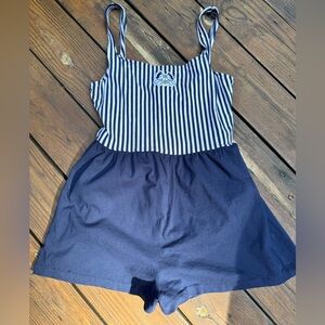 VTG Sandcastle Striped Navy White Nautical Romper Swimsuit   Size 16